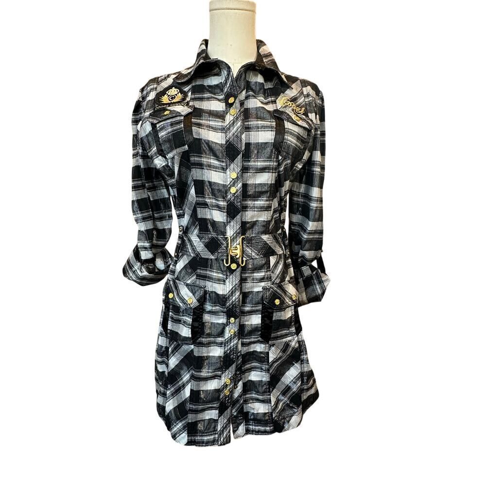 Coogi Y2K Mini Dress Women’s Large Dark Academia Black Plaid Belted Button Down